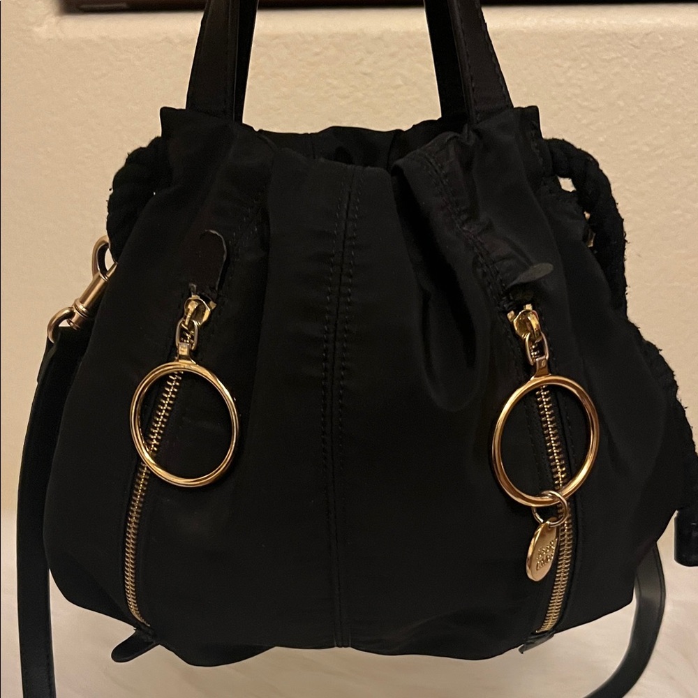 See By Chloe Black Drawstring Shoulder Bag with Gold Rings